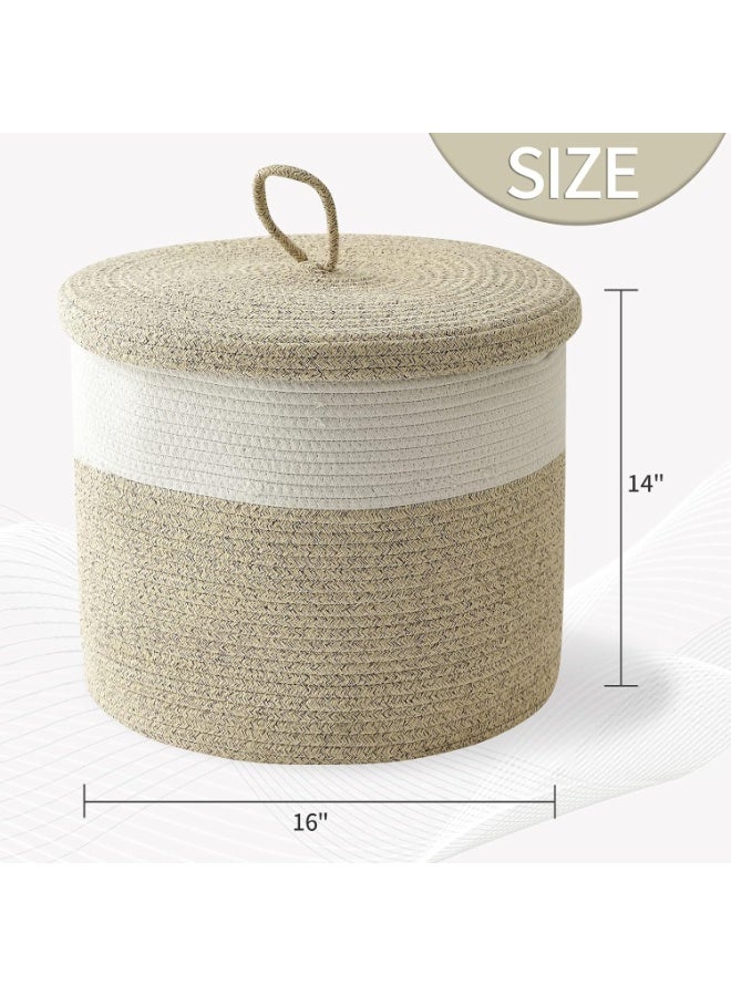Woven Storage Basket With Lid - Large Cotton Rope Laundry Hamper - Round Cover for Nursery Baby Toy Organizers - Blanket Holder for Living Room, Bedroom Home Decor 16"D x 14"H - Image 2